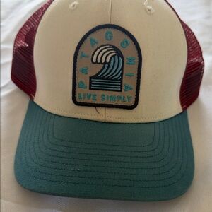 Patagonia Cream and Red Trucker Hat with Wave Patch